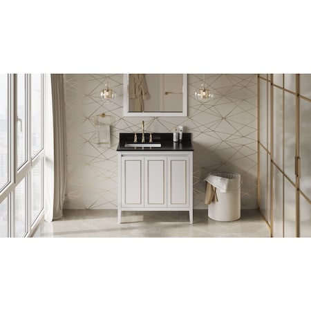 Jeffrey Alexander 36In. White Percival Vanity, Left Offset, Black Granite Vanity Top, Undermount Rectangle Bowl VKITPER36WHBGR